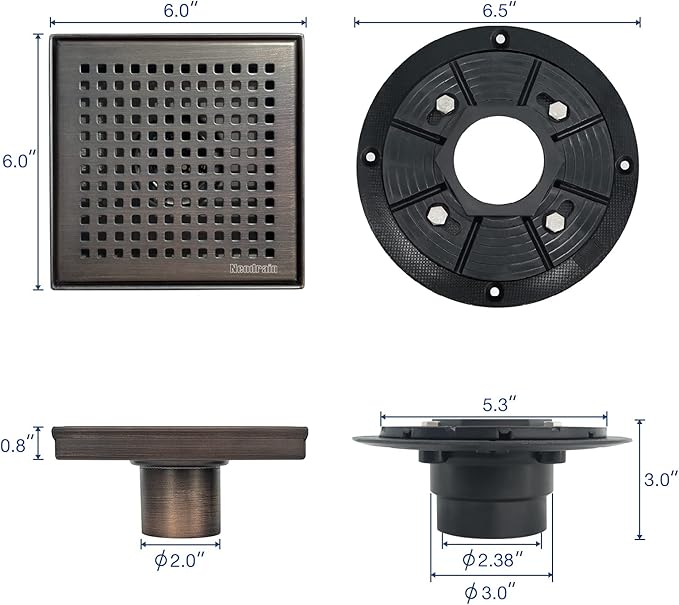 Neodrain 6 in Square Shower Drain, Oil Rubbed Bronze, Removable Quadrato Pattern Grate, with PVC Shower Drain Base and Rubber Gasket, Square Drainage. CUPC Certified, Includes Hair Strainer, ORB