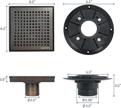 Neodrain 6 in Square Shower Drain, Oil Rubbed Bronze, Removable Quadrato Pattern Grate, with PVC Shower Drain Base and Rubber Gasket, Square Drainage. CUPC Certified, Includes Hair Strainer, ORB