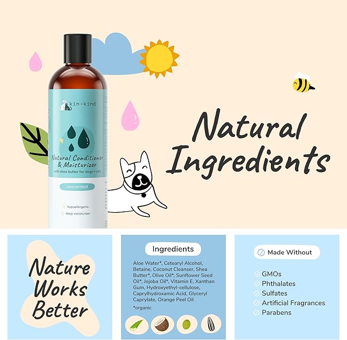 kin+kind Cat & Dog Conditioner with Shea Butter, Aloe & Betaine – All-Natural Pet Supplies to Moisturize, Soften & Restore Coat, Shed Control & Coat Defense for Dogs and Cats, Made in USA - 12 fl oz