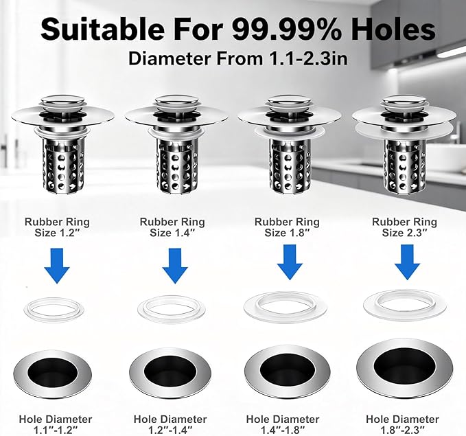 Beruth Bathroom Sink Stopper Hair Catcher, 304 Stainless Steel Pop Up Drain Strainer for 1.1''~2.36'' Basin, Upgraded Silent & Odor-Proof Design, Removable Filter Basket & Easy Install（All Metal）