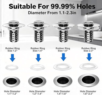 Beruth Bathroom Sink Stopper Hair Catcher, 304 Stainless Steel Pop Up Drain Strainer for 1.1''~2.36'' Basin, Upgraded Silent & Odor-Proof Design, Removable Filter Basket & Easy Install（All Metal）