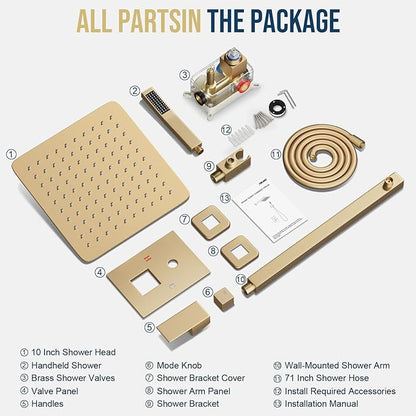 Gold Shower Faucet Set, Rainfall Shower System with Rain Shower Head and Handle Set, Wall Mounted Shower Fixtures, Full Metal Trim Repair Kit 12 inch Paint Gold (With Shower Valve)