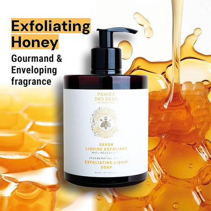 Panier des Sens - Liquid Hand Soap – Honey Exfoliating Hand Wash - French Marseille Moisturizing Soap with Coconut Oil - Refillable Kitchen & Bathroom Hand Soap - 97% Natural Ingredients -16.9 Fl.oz