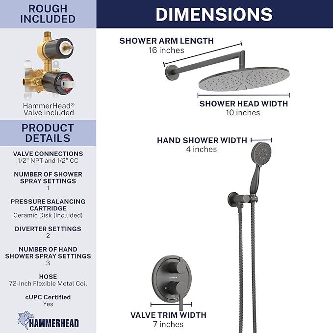 HammerHead Solid Metal Rain Shower System Set with Handheld and 10" Rainfall Head, Shower Valve and Trim Kit, 2-Handle Shower Faucet Set with 2 Way Diverter Body – Oil Rubbed Bronze
