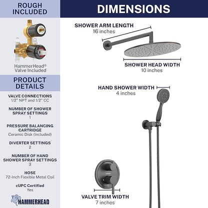 HammerHead Solid Metal Rain Shower System Set with Handheld and 10" Rainfall Head, Shower Valve and Trim Kit, 2-Handle Shower Faucet Set with 2 Way Diverter Body – Oil Rubbed Bronze