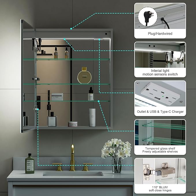 WELLFOR 24" X 30" LED Medicine Cabinet with Mirror, Single Left Opening Door, Recessed or Surface Cabinet Mirror, Bathroom Mirror Cabinet, Medicine Cabinet with Lights with Outlets & USB Ports