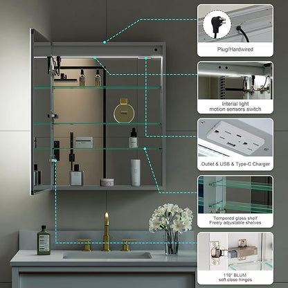WELLFOR 24" X 30" LED Medicine Cabinet with Mirror, Single Left Opening Door, Recessed or Surface Cabinet Mirror, Bathroom Mirror Cabinet, Medicine Cabinet with Lights with Outlets & USB Ports