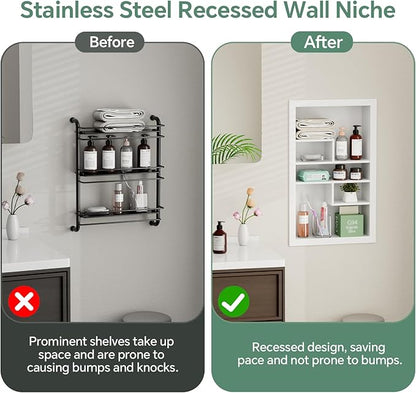 Stainless Steel Recessed Medicine Cabinet 14 * 24, Rust-proof Metal Wall Niche, In Wall Shower Niche Shelf Insert Replacement, Recessed Medicine Cabinets for Drywall, with 5 Compartments, White