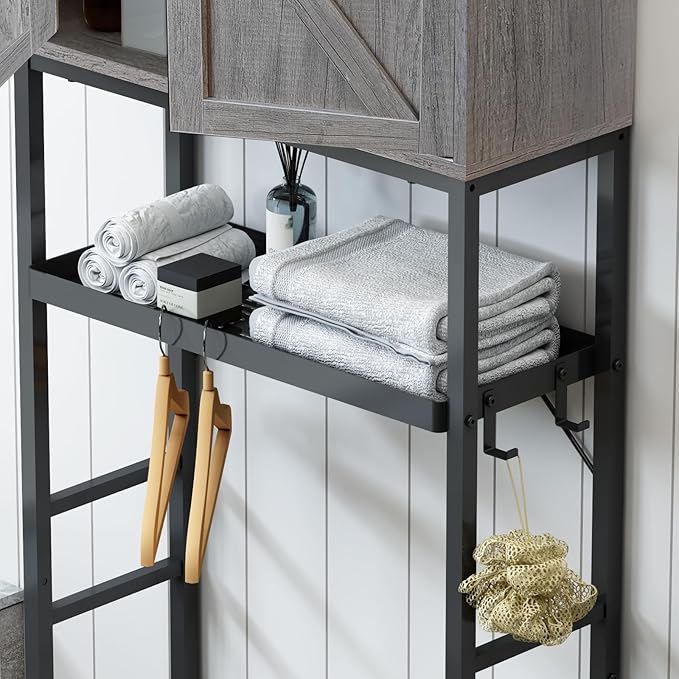 Over The Toilet Storage Cabinet, Bathroom Above Toilet Cabinet Organizer with Doors and Adjustable Shelves, Bathroom Shelf Organizer with Anti-Tip Device & Drain Rack, Grey