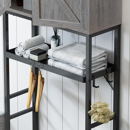Over The Toilet Storage Cabinet, Bathroom Above Toilet Cabinet Organizer with Doors and Adjustable Shelves, Bathroom Shelf Organizer with Anti-Tip Device & Drain Rack, Grey