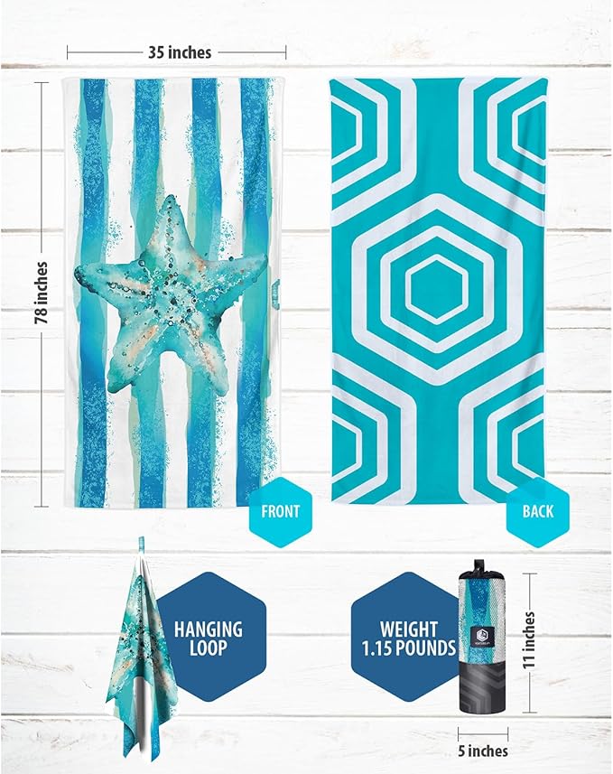VENTURE 4TH Microfiber Beach Towel: Quick-Dry, Compact, Sand-Free, Absorbent, Sandproof and Lightweight - Perfect for Camping, Beach, and Roadtrips (Striped Starfish Design | 35x78 inches)