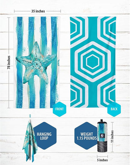VENTURE 4TH Microfiber Beach Towel: Quick-Dry, Compact, Sand-Free, Absorbent, Sandproof and Lightweight - Perfect for Camping, Beach, and Roadtrips (Striped Starfish Design | 35x78 inches)