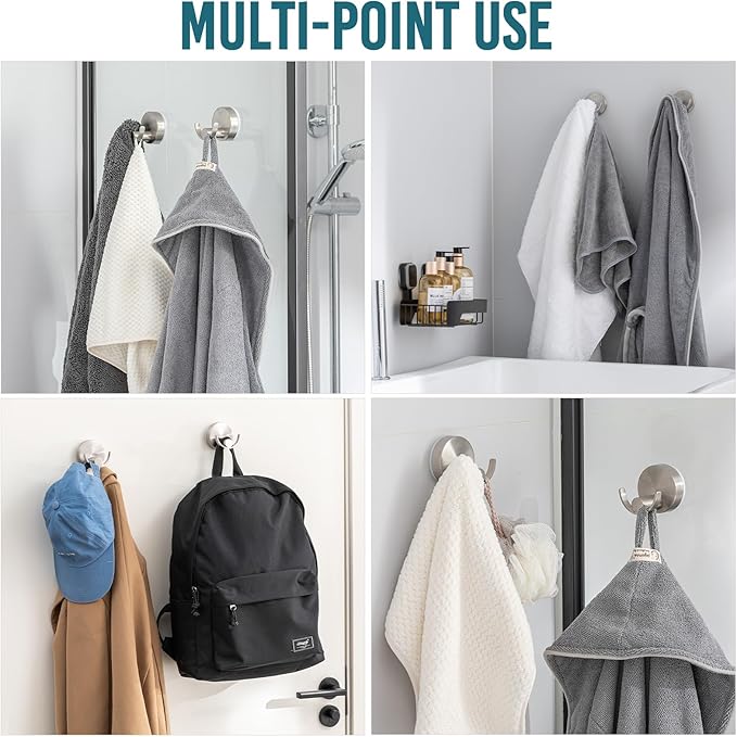 TAILI Stylish 304 Stainless Steel Bathroom Suction Hooks for Towel, Bathrobe, Loofah, No Damage Hanging Glass Shower Wall Hook, Patented Strong Suction Cup Holder, Hold Up to 11 Lbs, U-Cylinder Silver