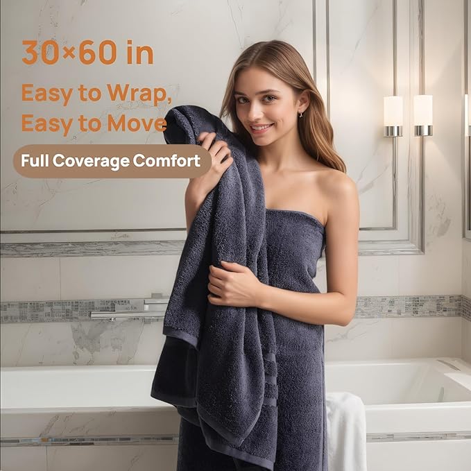Cotton Bath Towel – Large 30x60 Inches, Soft, Thick & Absorbent Towel for Bathroom, Spa, or Home Use (Gray, 2 Pack – 30"x60")
