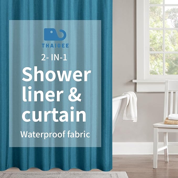 2-in-1 Waterproof Fabric Shower Curtain or Liner,Linen Textured,Breathable TPU & Washable Bathroom Shower Curtain Set with 12 Plastic Hooks,Modern,72"x72" Oceanblue