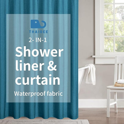 2-in-1 Waterproof Fabric Shower Curtain or Liner,Linen Textured,Breathable TPU & Washable Bathroom Shower Curtain Set with 12 Plastic Hooks,Modern,72"x72" Oceanblue