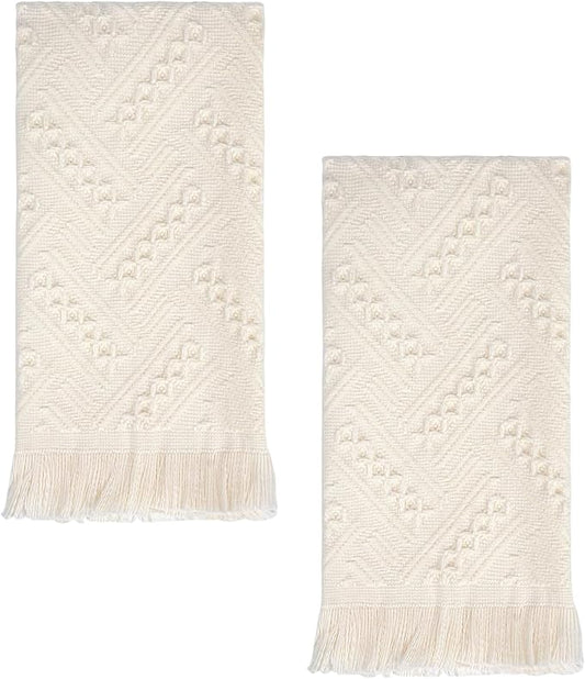 Luxury Decorative Hand Towels Bathroom: 2 Packs 14X30 100% Cotton Turkish Absorbent Soft Face Towel Set for Boho Bathroom Decor Kitchen Hotel Spa Farmhouse Guest Tea Gift (Cream White, 14"x30")