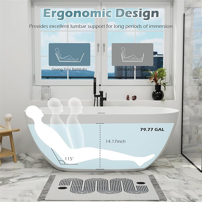 GIVINGTREE 59'' Freestanding Solid Surface Resin Stone Bathtub, Contemporary Design Stand Alone Tub with Pop-up Drain and Overflow, cUPC Certified, Matte White