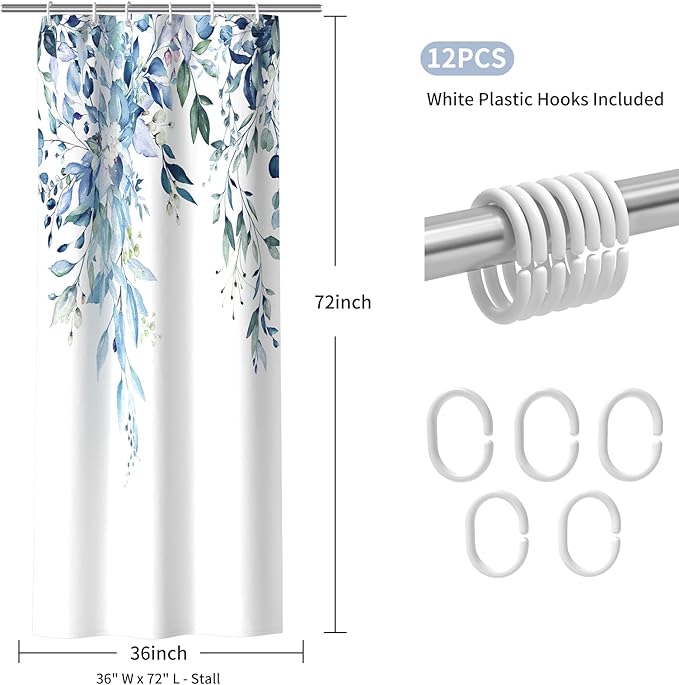 Colorful Star Blue Eucalyptus Waterproof Shower Curtain Set with Hooks, Minimalist Watercolor Floral Print Bathroom Décor, Plant Leaves Washable Fabric Shower Curtain, 36 x 72 Inch