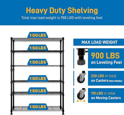 6 Tier Storage Racks Shelving, Heavy Steel Pantry Shelves, Adjustable Wire Shelving Rack with Wheels, Suitable for Garage, Kitchens, Bathroom, Offices, 46" W x 17.7" D x 82" H, Black