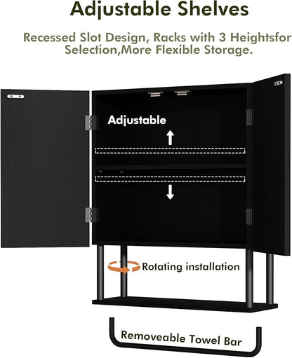 RUSTOWN Fluted Bathroom Wall Cabinet with 2 Doors, 3-Tier Modern Farmhouse Medicine Cabinet, Over The Toilet Storage Cabinet with Adjustable Shelf and Towel Bar (Black, Medium)