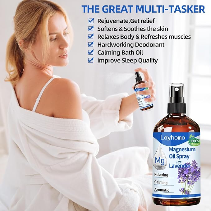 Magnesium Oil for Feet,Pure Magnesium Spray for Sleep,Liquid Topical Athletes Foot Spray Soothing Sore Muscles,Relaxing Leg Cramps Pain Ultra Concentration with Lavender Oil - 200ML