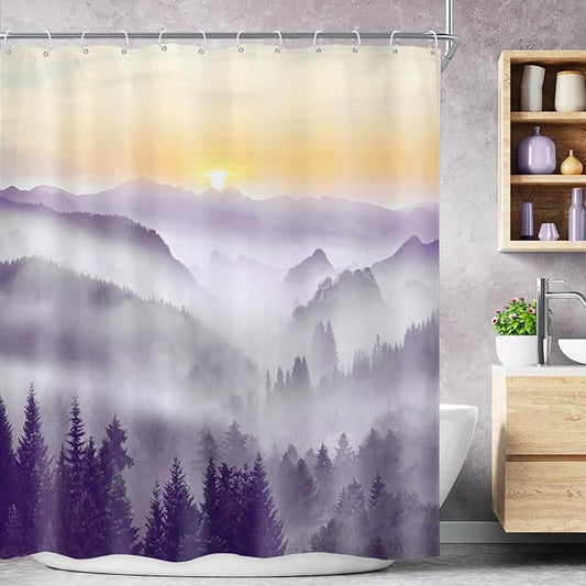 Riyidecor Misty Mountain Shower Curtain 60Wx72H Inch Purple Sunrise Nature Scenery Foggy Pine Tree Woodland Modern Rustic Natural Landscape Bathroom Decor Fabric Polyester Waterproof 12 Pack Hooks