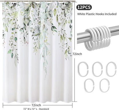 Colorful Star Sage Green Eucalyptus Waterproof Shower Curtain Set with Hooks, Minimalist Watercolor Floral Print Bathroom Décor, Plant Leaves Washable Fabric Shower Curtain, 72 x 72 Inch