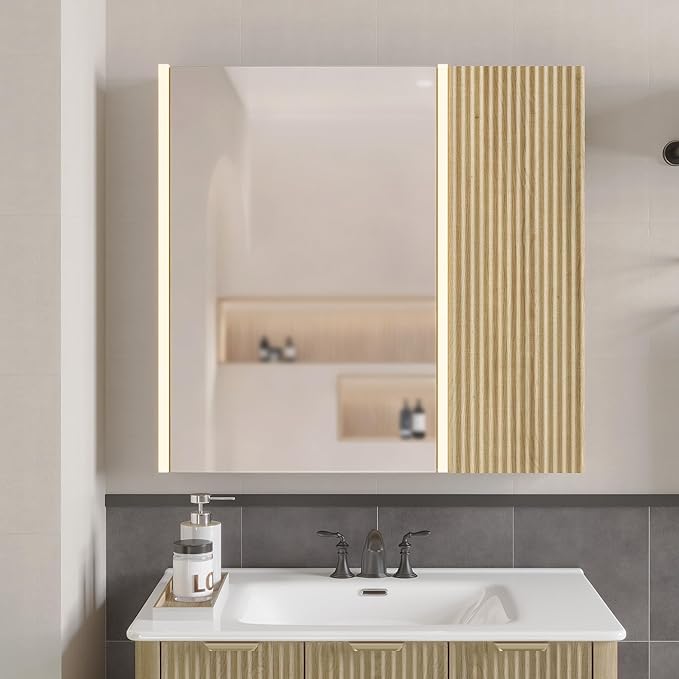 Lighted Bathroom Medicine Cabinet with Mirror，30 x 28 Inch Wall-Mounted Bathroom Wall Cabinet with Storage, LED Lights, Adjustable Shelves,Natural