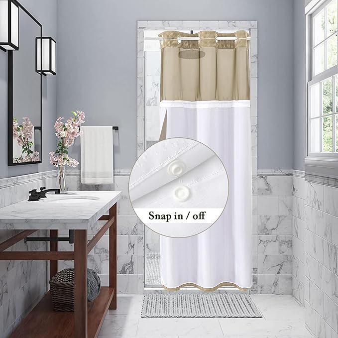 Gibelle Stall Small Shower Curtain 36x74, Waffle Weave Shower Curtain with Snap-in Fabric Liner Set, No Hooks Needed, Hotel Style with Mesh Top Window, Beige