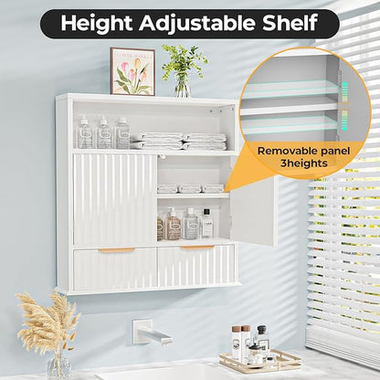 Bathroom Wall Cabinet, Wall Mounted Medicine Cabinet with Drawers, Modern Farmhouse Storage Cabinet with with Adjustable Wood Shelf & Doors for Bathroom, Kitchen, Laundry Room (White)