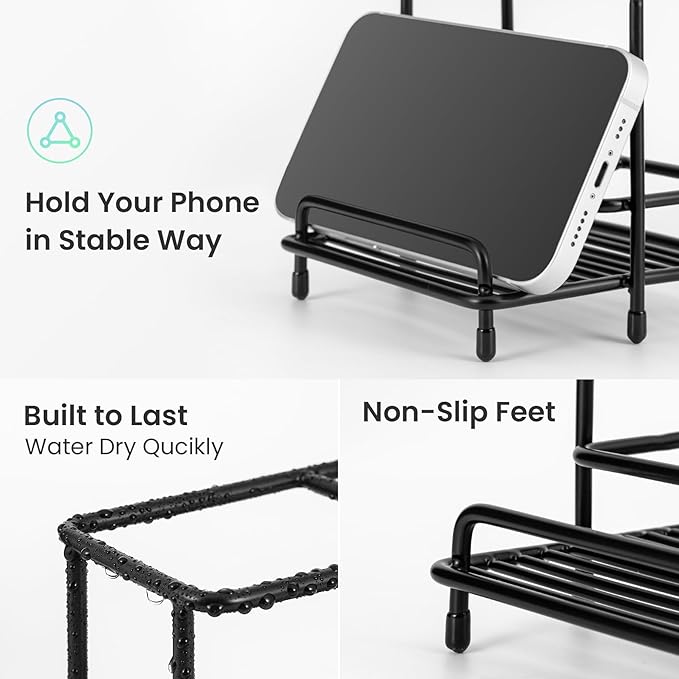 Mustry Toothbrush Holders for Bathrooms, Black Toothbrush Organizer with Front Ledge for Phone Holder, Stainless Steel Toothbrush and Toothpaste Holder Stand for Bathroom Countertop Accessories Storag