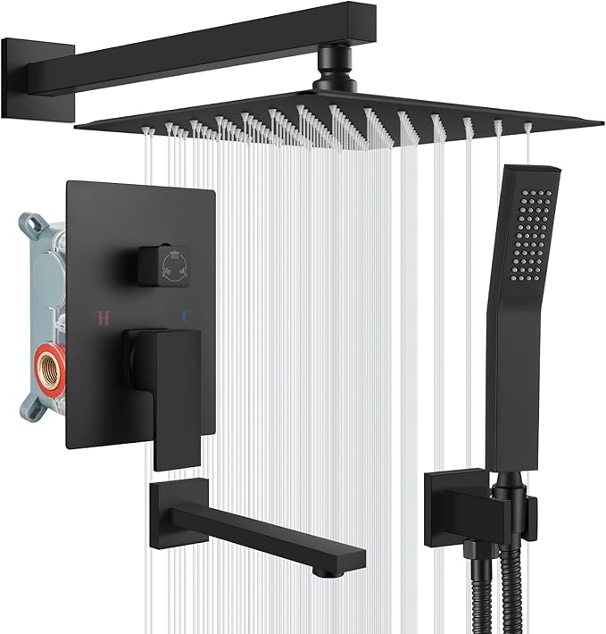 gotonovo Shower System with Tub Spout Wall Mounted Rain Shower Head and Handle Combo Shower Faucet Set with Valve, 12 Inch, Matte Black