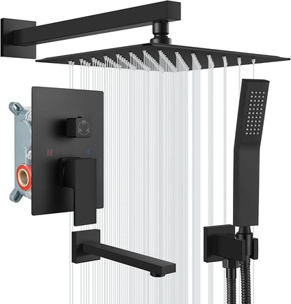 gotonovo Shower System with Tub Spout Wall Mounted Rain Shower Head and Handle Combo Shower Faucet Set with Valve, 12 Inch, Matte Black