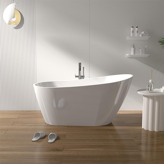 ABRUZZO 59"x27.56" Acrylic Freestanding Bathtub Contemporary Soaking Tub with Chrome Overflow and Drain High-Gloss White Finish cUPC Certified