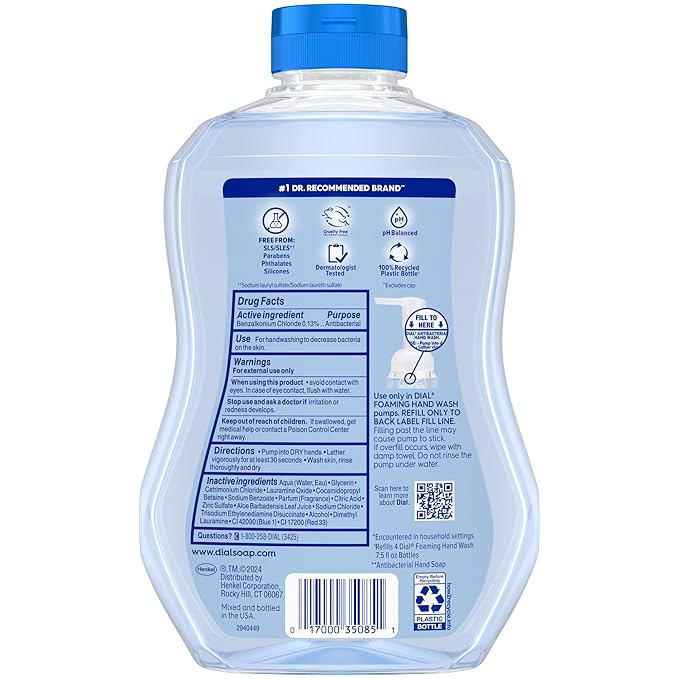Dial Antibacterial Defense Foaming Hand Soap + Aloe, Spring Water Scent, 30 Fl Oz Hand Soap Refill (4 Pack), Dermatologist-Tested, Gentle on Skin