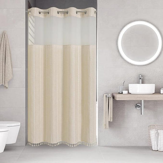 No Hook Stall Shower Curtain with Snap-in Fabric Liner - 54x80 Heavy-Duty Linen Textured Striped Design,Narrow Rustic Modern Farmhouse Bohemian Bathroom Curtain,Water-Repellent,Cream/Beige