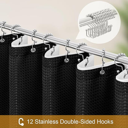 3 in 1 Long Shower Curtain Set-72 W x 78 H, Black Waffle and PEVA Liner Set with 12 Stainless Steel Hooks, Waterproof Fabric for Bathroom