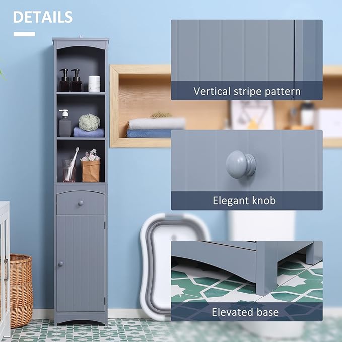 HOMCOM Bathroom Storage Cabinet, Free Standing Bathroom Storage Unit, Tall Linen Tower with 3-Tier Shelves and Drawer, Grey