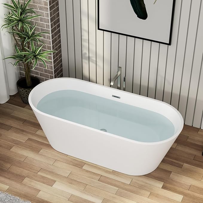 63" Acrylic Freestanding Bathtub - Mocoloo Modern Elegant Soaking Bathroom Tub Stand Alone, Matte White, Overflow and Stainless Offset Drain