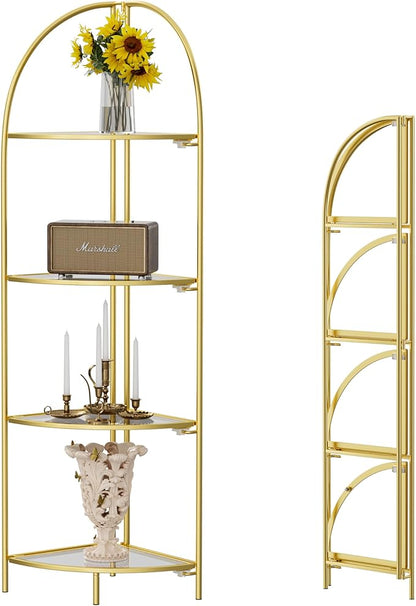 Crofy Foldable 4 Tier Corner Shelf, Metal Corner Plant Stand with Gold Frame and Transparent Shelves, Corner Display Rack Multipurpose Shelving Unit for Living Room, Bedroom, Bathroom