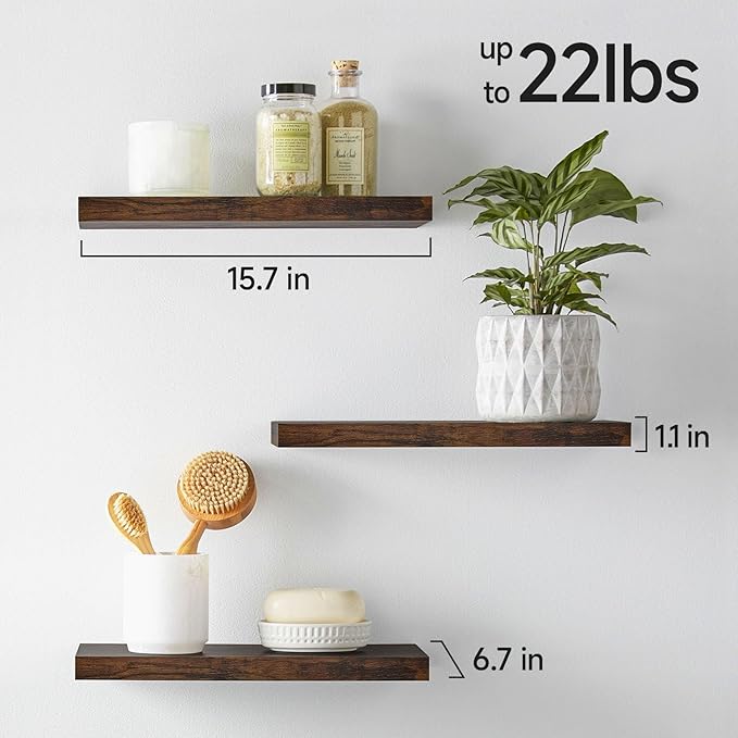 BAYKA Floating Shelves Bathroom for Wall – Shelf Over Toilet Farmhouse Rustic Wood for Bedroom, Kitchen, or Living Room Decor Organization Display Shelving – Rustic Brown, Set of 3