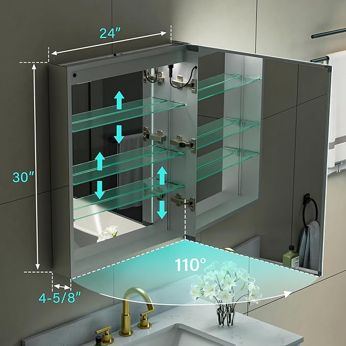 WELLFOR 24" X 30" LED Medicine Cabinet with Mirror, Single Right Opening Door, Recessed or Surface Cabinet Mirror, Bathroom Mirror Cabinet, Medicine Cabinet with Lights with Outlets & USB Ports