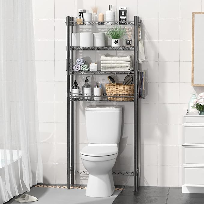 4-Tier Toilet Shelf Storage, Bathroom Organizer Shelves Over Toilet Storage, Above Toilet Tack Free Standing Bathroom Space Saver with Adjustable Basket and Shelves, Gray