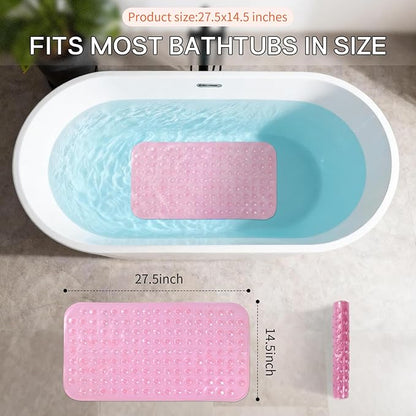 Anti-Slip Bathtub Shower mat, 27.5×14.5（Approximately 70×37cm） inch Soft Oversized Machine Washable Non-Slip Bathtub mat with Drainage Holes, Bathroom Floor Suction Cup.（1-Clear Pink）