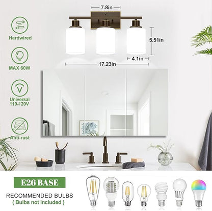 3-Light Bathroom Light Fixtures, Vanity Light with Milky White Shades, Oil-Rubbed Bronze Bathroom Light Fixtures Over Mirror, Modern Bathroom Wall Lamp for Mirror Living Room Cabinet Bedroom