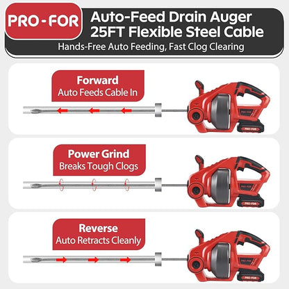 20V Cordless Electric Drain Auger, 25Ft Auto-Feed Drain Snake, Replaceable Cable, 2.0Ah Battery & Charger, LED Light, Clog Remover for Sink, Shower, Kitchen, Bathroom Pipes (3/4"-2")