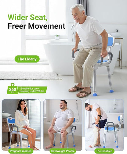 Widened Shower Chair for Inside Shower with Padded Back & Arms,400 lbs Heavy Duty & Adjustable Shower Chair for Elderly and Disabled, Non-Slip Shower Seat, Bath Chair for Tub