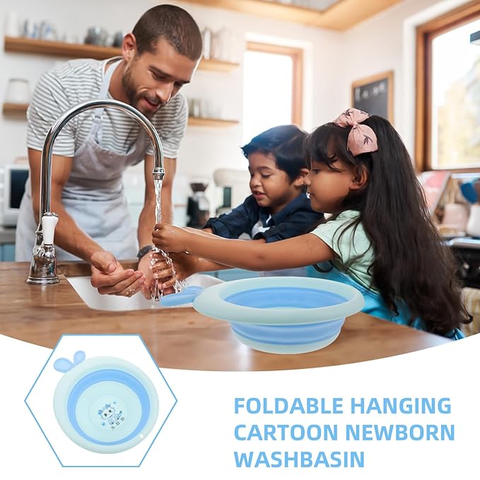 Kisangel Foldable Bath Tub and Wash Basin for Newborns, Cartoon Blue, Portable Plastic Bathtub for Bottle Washing and Hair Wash, Suitable for Travel and Home Bathing