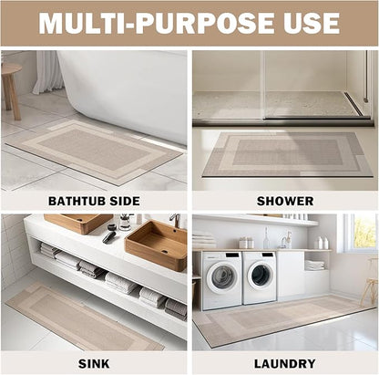 Non Slip Long Bath Mat Bathroom Runner, Rubber Backing Ultra Thin Bathroom Rugs Fit Under Door Quick Dry Super Absorbent Washable Bath Rug Shower Mat for Bathtub Sink Floor, Beige 24"x48"